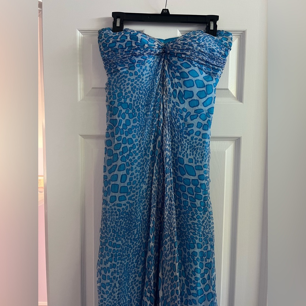Laundry By Shelli Segal Blue Strapless Animal-Print Silk Gown Maxi Dress - 6 - Picture 5 of 8
